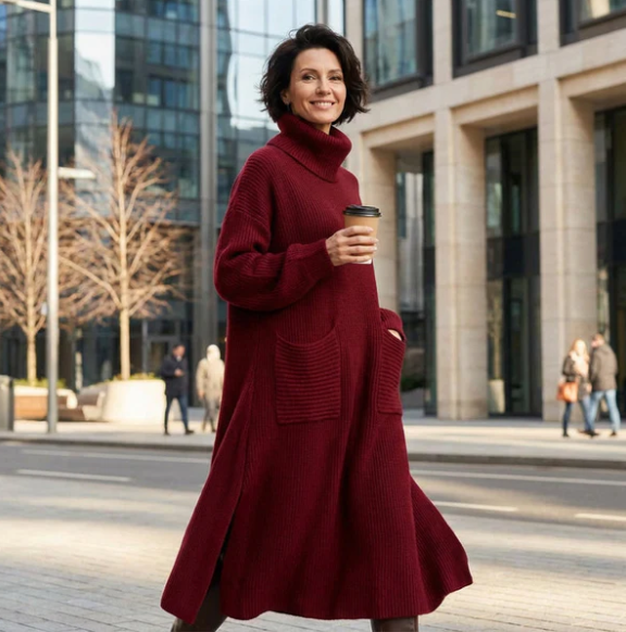 Women’s Ankle Length Turtleneck Knit Jumper Dress with Pockets