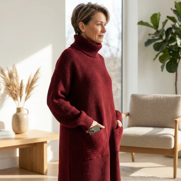 Women’s Ankle Length Turtleneck Knit Jumper Dress with Pockets