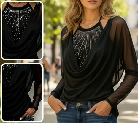 Women’s Draped Sparkle Mesh Sleeve Top