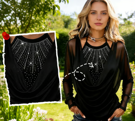 Women’s Draped Sparkle Mesh Sleeve Top