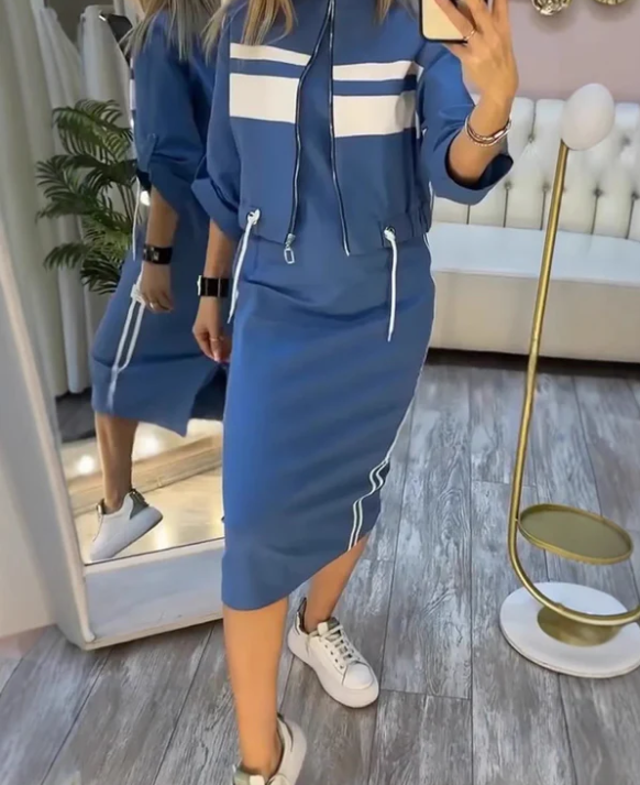 Women’s Stand Collar Zip Jacket and Side Stripe Midi Dress Set