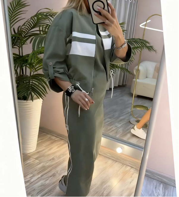 Women’s Stand Collar Zip Jacket and Side Stripe Midi Dress Set