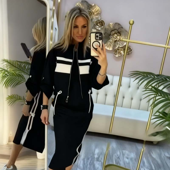 Women’s Stand Collar Zip Jacket and Side Stripe Midi Dress Set