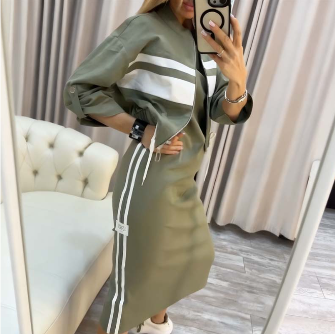 Women’s Stand Collar Zip Jacket and Side Stripe Midi Dress Set