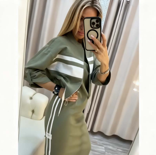Women’s Stand Collar Zip Jacket and Side Stripe Midi Dress Set