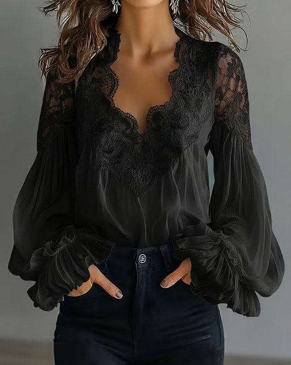 Women’s Floral Lace Scallop Neck Lantern Sleeve Blouse