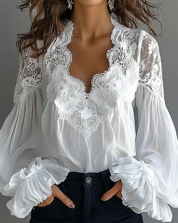 Women’s Floral Lace Scallop Neck Lantern Sleeve Blouse