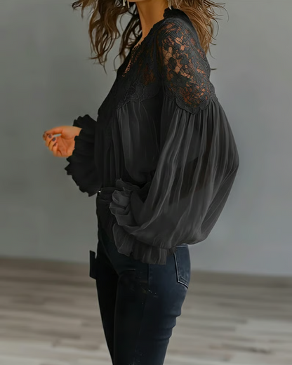 Women’s Floral Lace Scallop Neck Lantern Sleeve Blouse