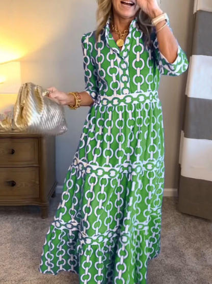 Women’s Geometric Print V Neck Tiered Maxi Dress with Pockets