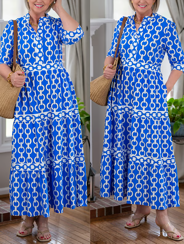 Women’s Geometric Print V Neck Tiered Maxi Dress with Pockets