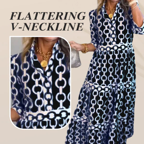 Women’s Geometric Print V Neck Tiered Maxi Dress with Pockets