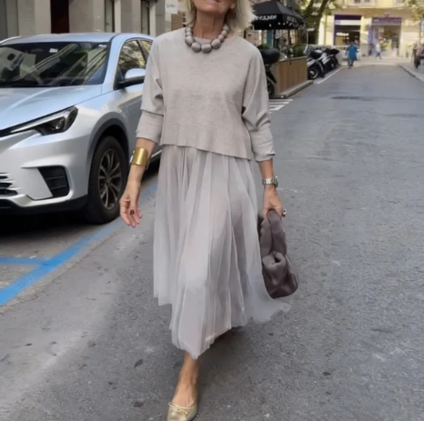 Women’s Knit Top and Sleeveless Mesh Dress Two Piece Set