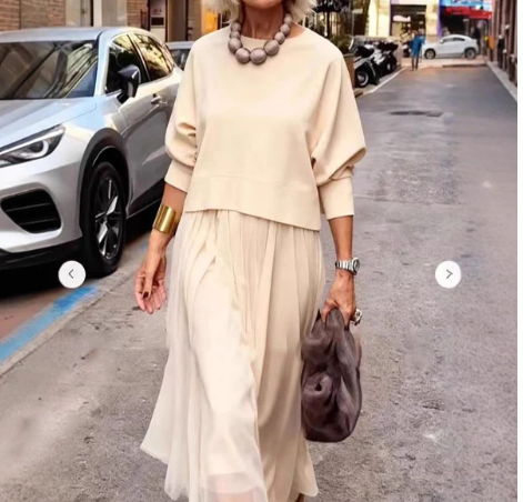 Women’s Knit Top and Sleeveless Mesh Dress Two Piece Set