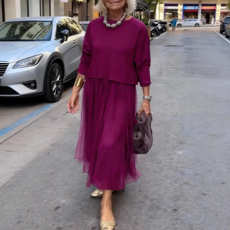 Women’s Knit Top and Sleeveless Mesh Dress Two Piece Set