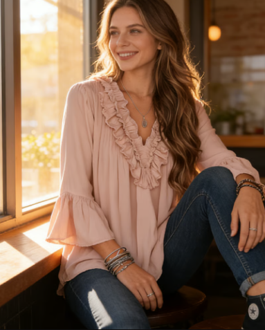 Women’s Soft Ruffle V Neck Blouse