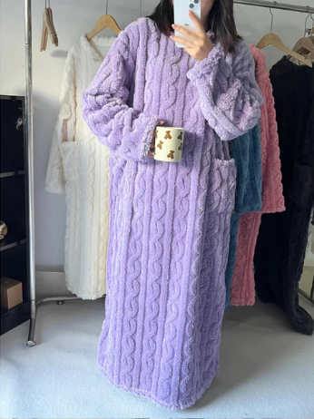 Women’s Coral Velvet Jacquard Nightgown with Pockets