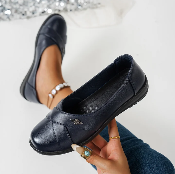 Women’s Leather Orthopaedic Slip On Shoes With Metal Emblem