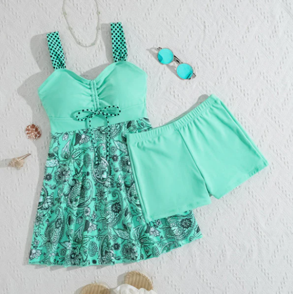 Women’s V-Neck Skirted Tankini Set with Swim Shorts