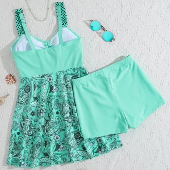 Women’s V-Neck Skirted Tankini Set with Swim Shorts