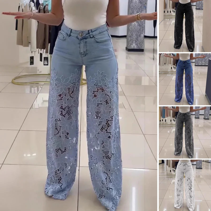 Women’s Floral Lace Panel Wide-Leg Denim Jeans