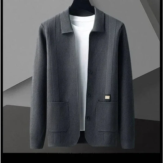 Men’s Textured Knit Cardigan with Polo Collar