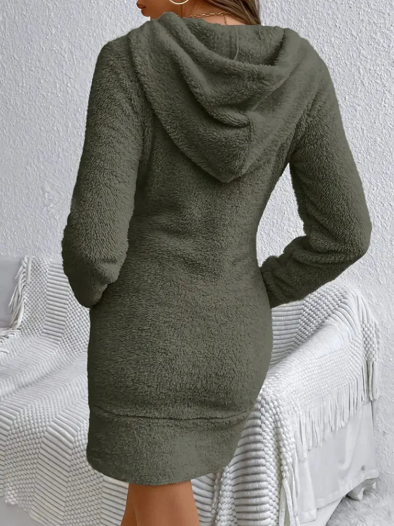 Women’s Plush Hooded Sweatshirt Dress with Kangaroo Pockets
