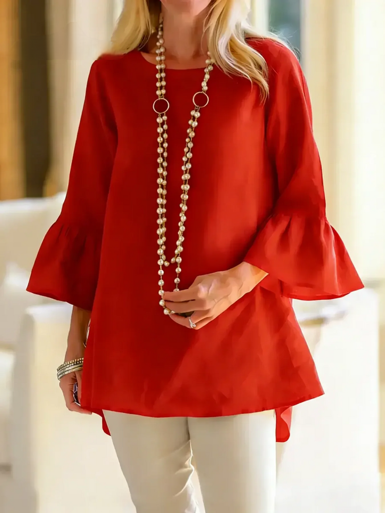 Women’s Solid Cotton Round-Neck 3/4 Sleeve Loose Top