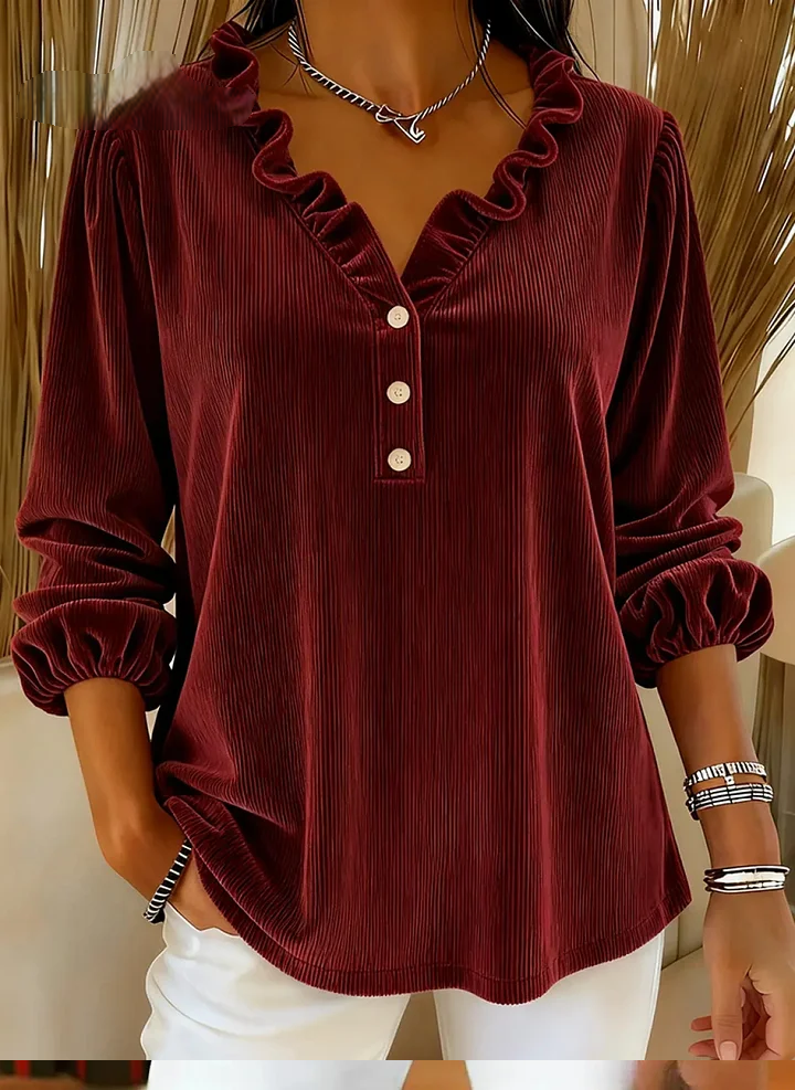 Women’s Ruffle-Collar Corduroy Trim Cotton Shirt