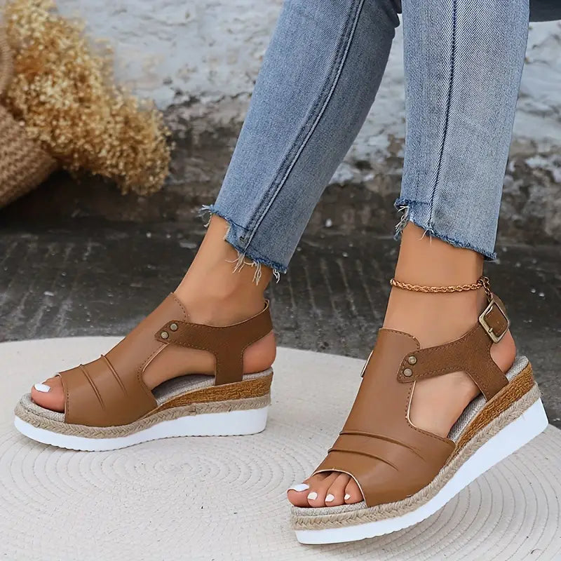 Women's Color Block Casual Sandals, Ankle Buckle Platform Wedges
