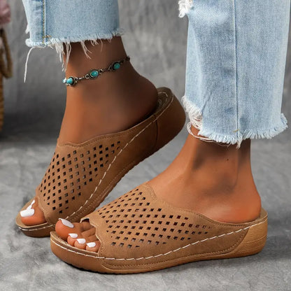 Peep Toe Wedge Slide Sandals