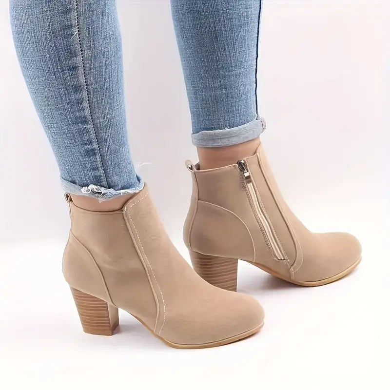 Women's Block Heel Ankle Boots with Side Zipper