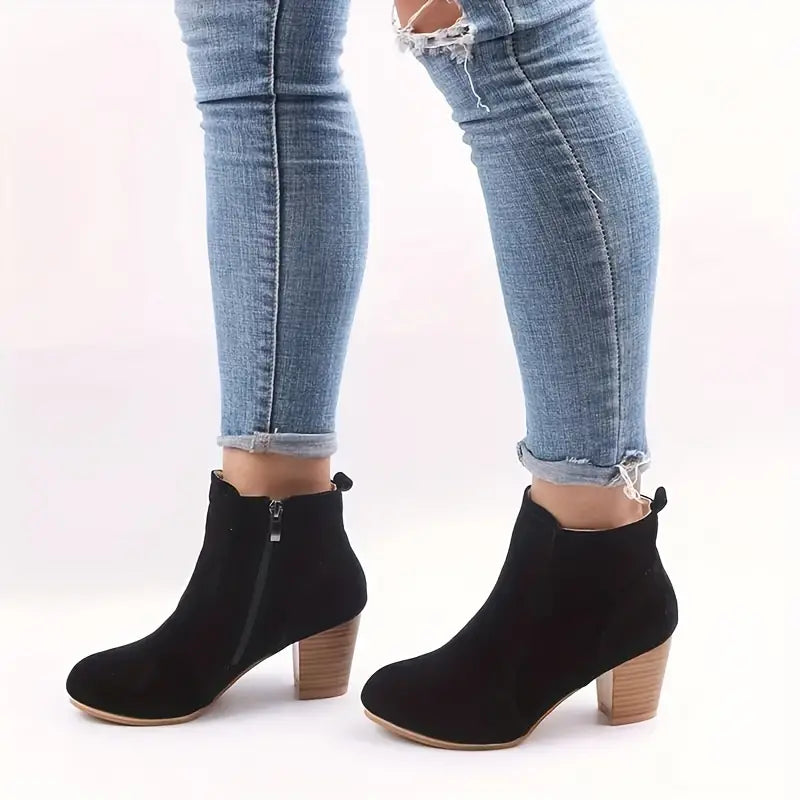 Women's Block Heel Ankle Boots with Side Zipper