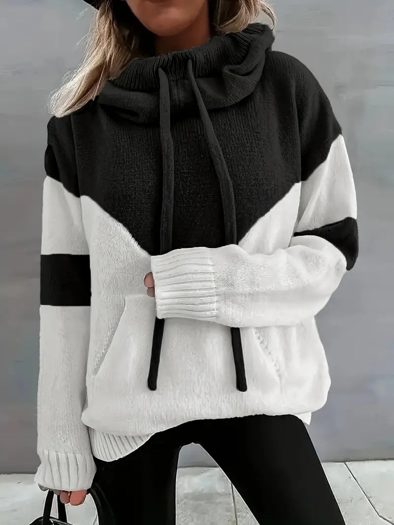 Women's Color Block Hooded Sweater – Casual Pullover with Pocket