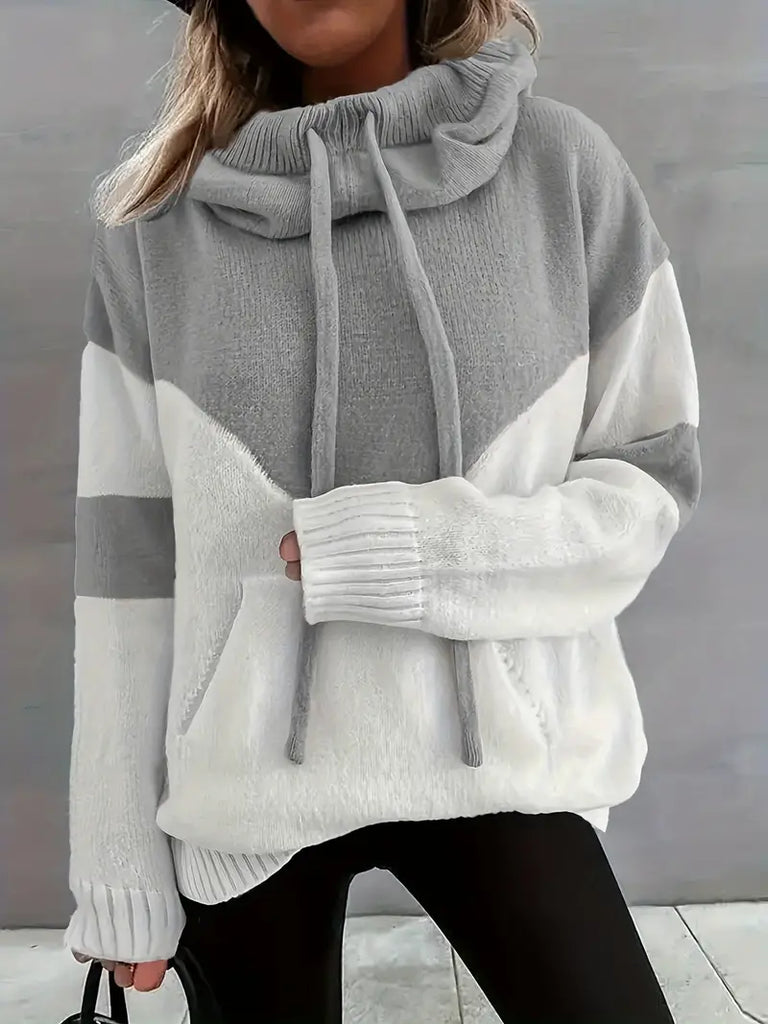 Women's Color Block Hooded Sweater – Casual Pullover with Pocket