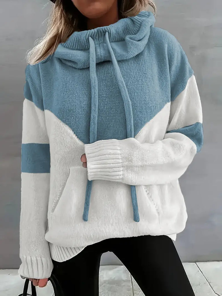 Women's Color Block Hooded Sweater – Casual Pullover with Pocket