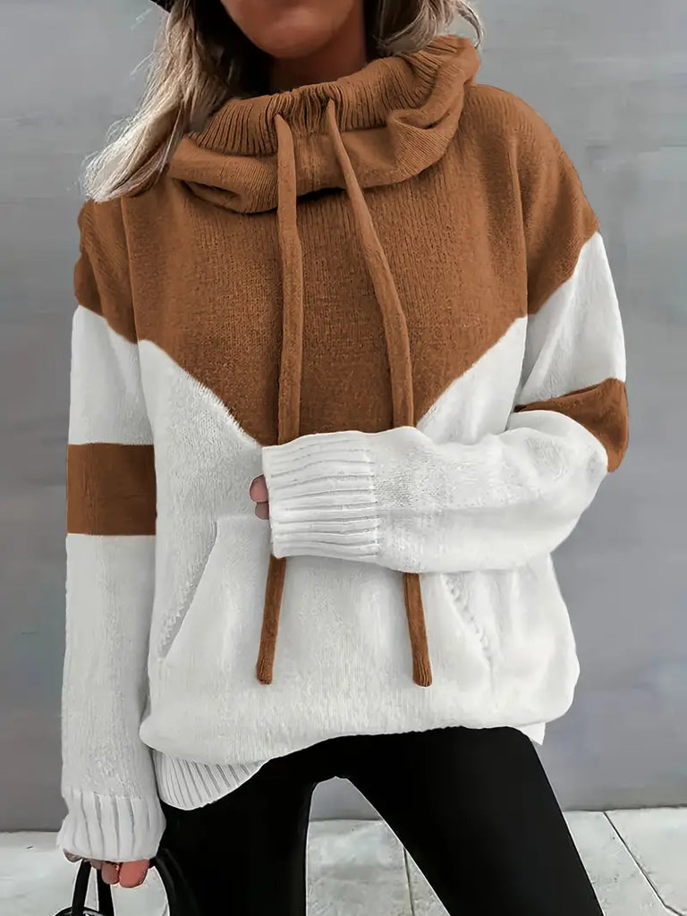 Women's Color Block Hooded Sweater – Casual Pullover with Pocket