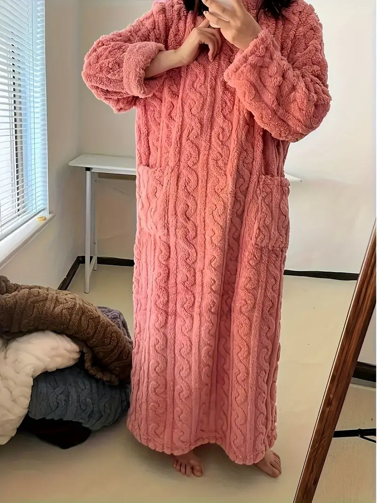 Women’s Cozy Coral Velvet Sleeping Gown – Warm Winter Robe with Pockets