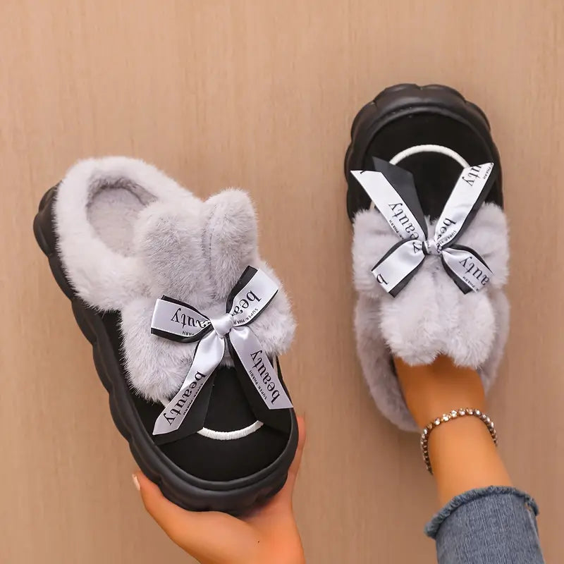 Cozy Women's Winter Slippers with Bow – Plush Lining, Non-Slip Sole