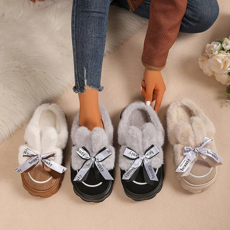 Cozy Women's Winter Slippers with Bow – Plush Lining, Non-Slip Sole