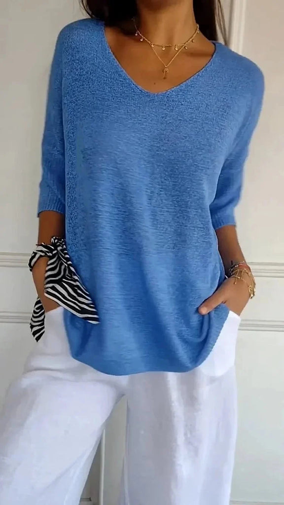 Solid Color Knitted V-neck Top