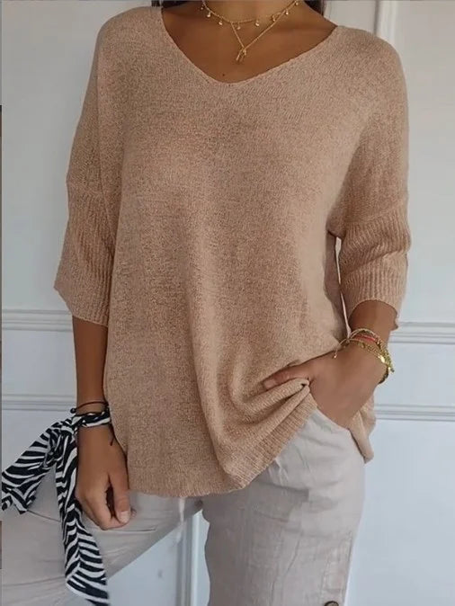 Solid Color Knitted V-neck Top