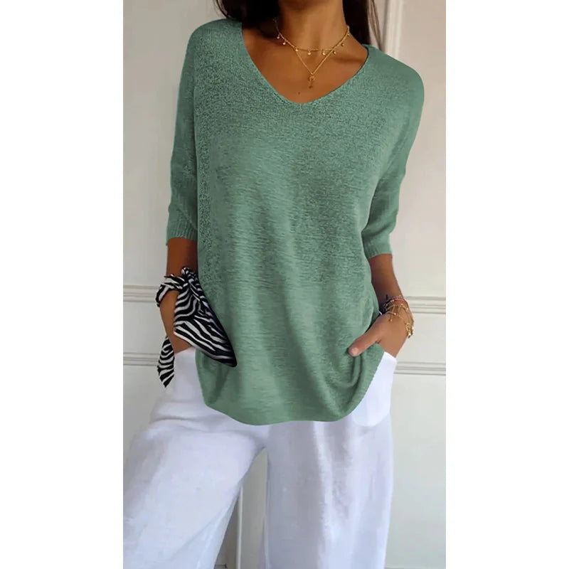 Solid Color Knitted V-neck Top