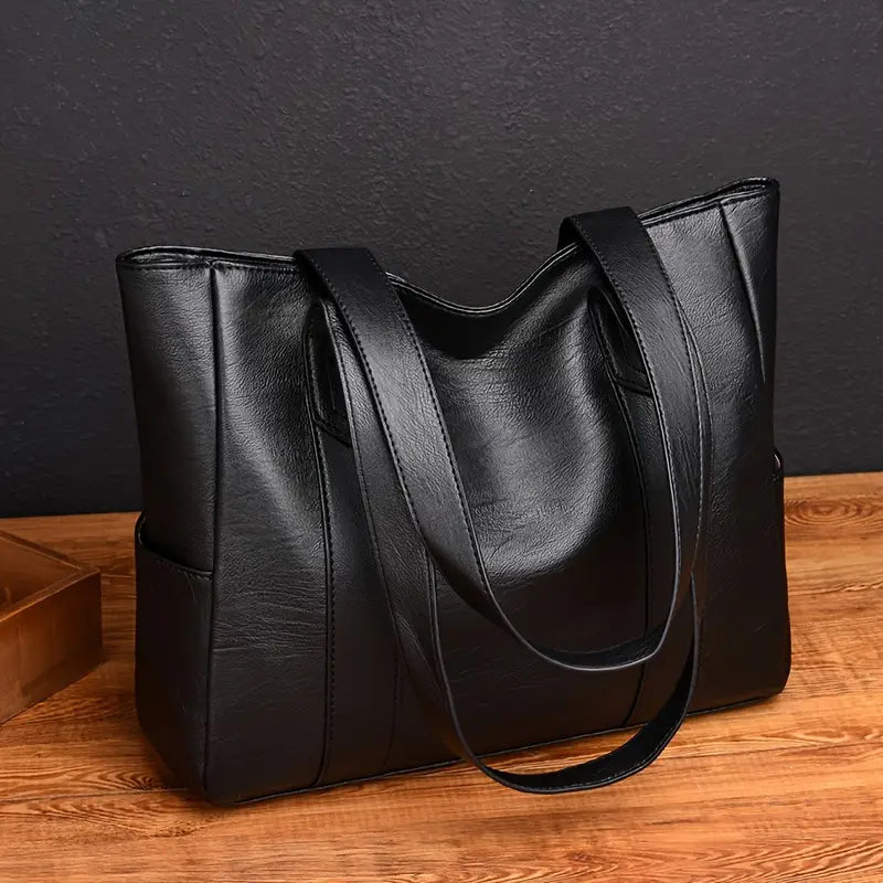 Women’s Stylish Black Faux Leather Tote – Adjustable Strap & Multi-Compartment Design