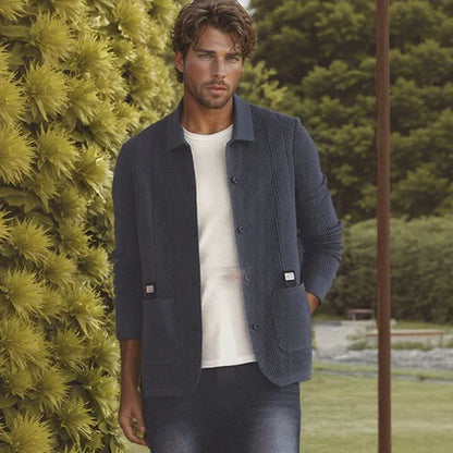 Men’s Textured Knit Cardigan with Polo Collar