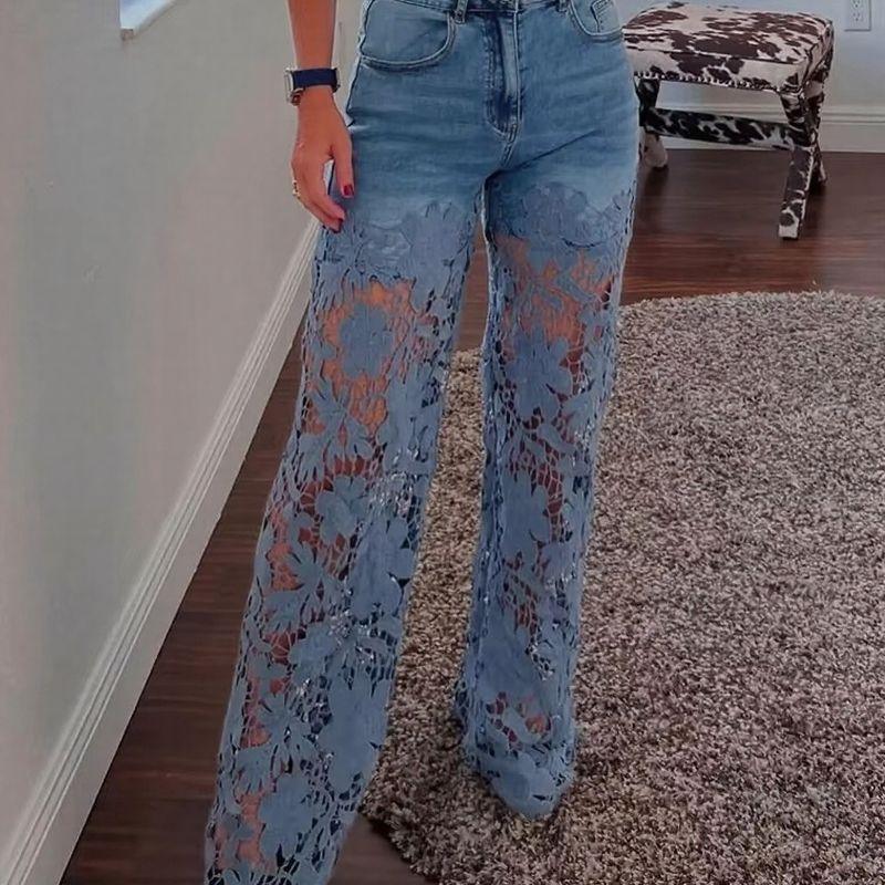 Women’s Floral Lace Panel Wide-Leg Denim Jeans