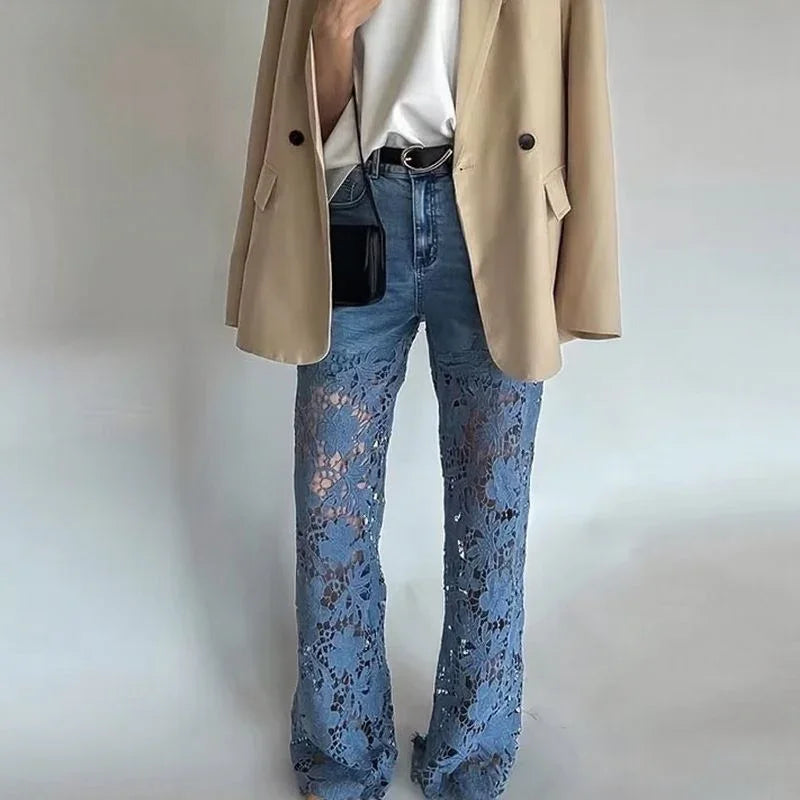 Women’s Floral Lace Panel Wide-Leg Denim Jeans