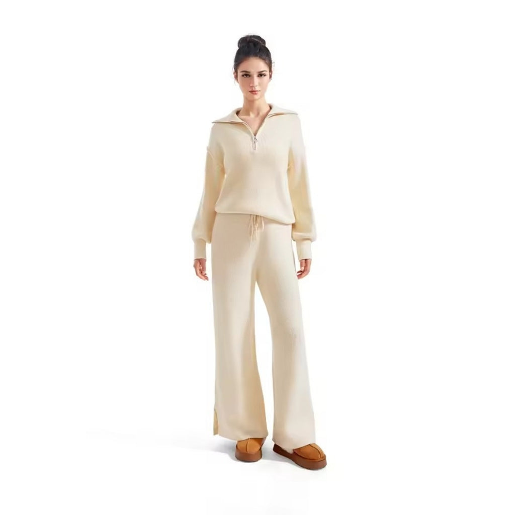 Women’s Ribbed Half-Zip Wide-Leg Knit Lounge Set
