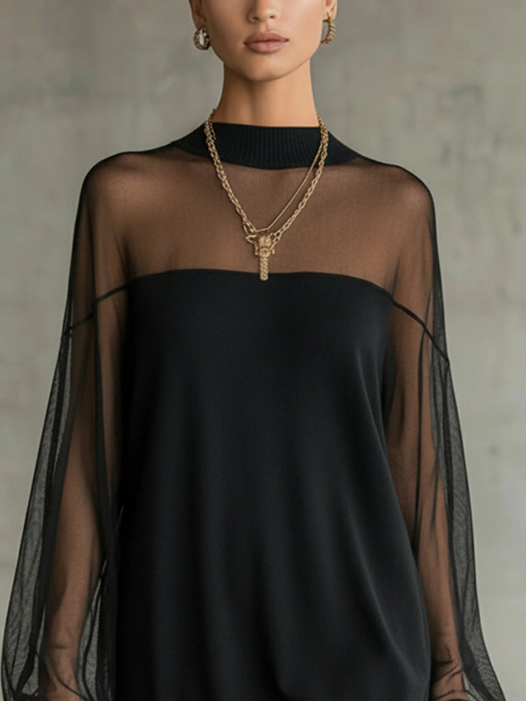 Women’s High-Neck Mini Dress with Sheer Mesh Sleeves
