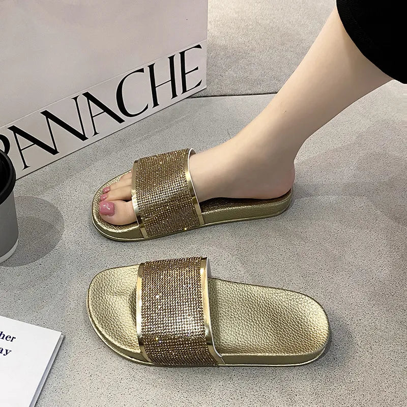 Women’s Rhinestone Patent-Effect Thick-Soled Slide Slippers