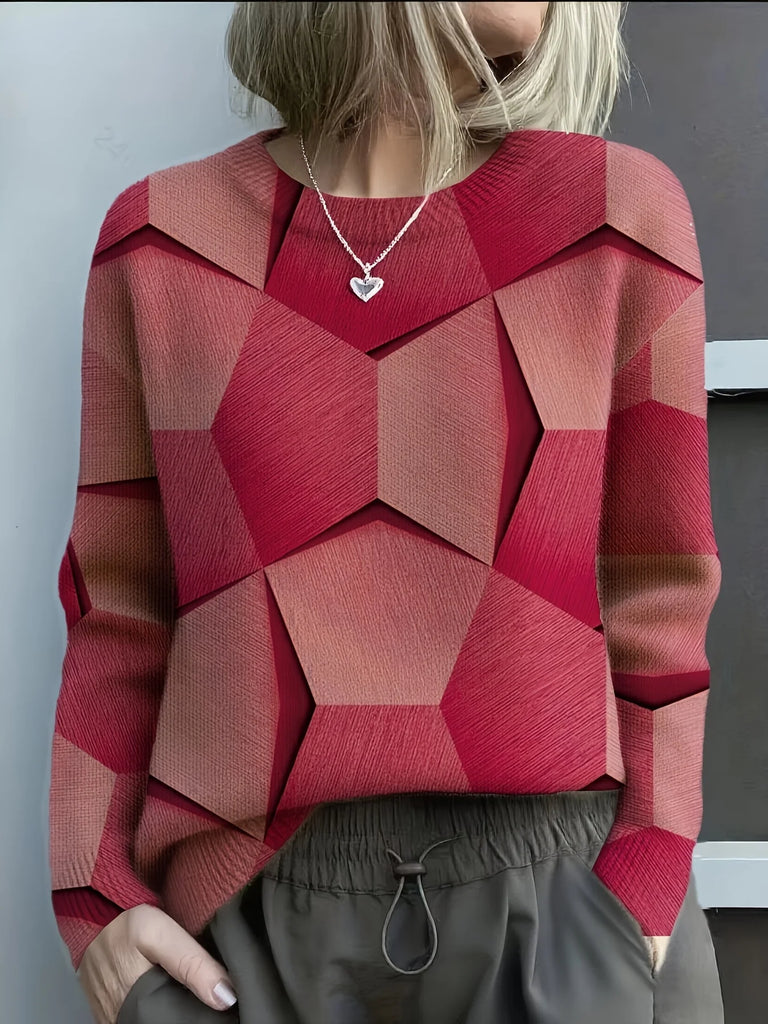 Knitted 3D Geometric Print Sweater